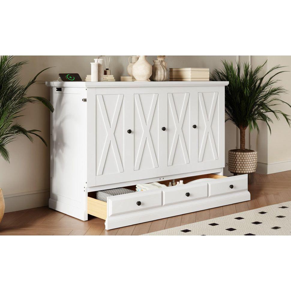 Solid Pine Murphy Bed Chest Cube Cabinet Bed with Charging Station and Large Storage Drawer for Home Office or Small Room,Full,White