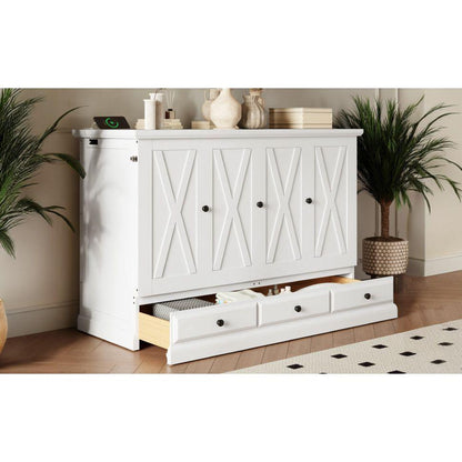 Solid Pine Murphy Bed Chest Cube Cabinet Bed with Charging Station and Large Storage Drawer for Home Office or Small Room,Full,White
