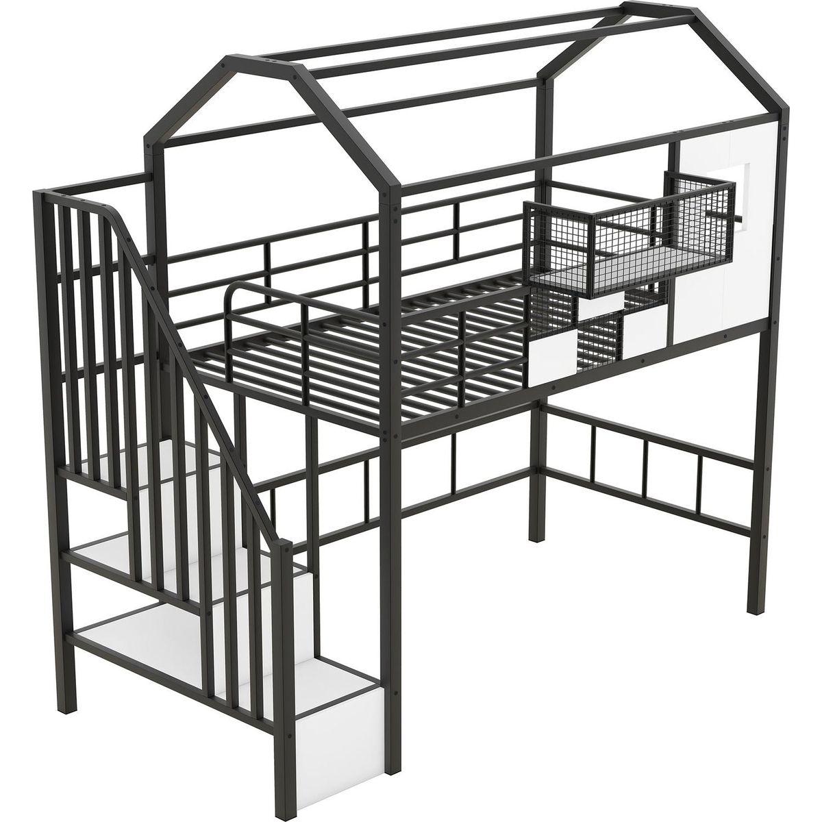 Metal Loft Bed with roof design and a storage box, Twin, Black