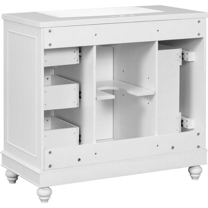 Contemporary White Bathroom Vanity Cabinet - 36x18x34 inches, 4 Drawers & 1 Cabinet Door, Multipurpose Storage, Resin Integrated Sink, Adjustable Shelves, Solid Wood Frame with MDF