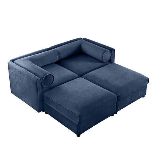 Modern Blue Chenille 2-Seater Sofa with Ottoman Storage and Cylindrical Support