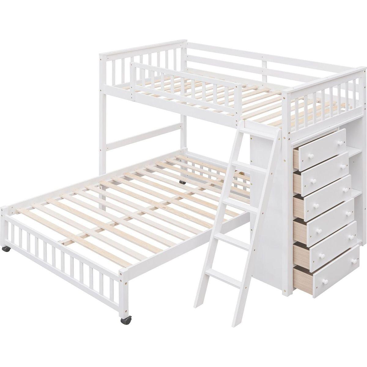 Wooden Twin Over Full Bunk Bed With Six Drawers And Flexible Shelves,Bottom Bed With Wheels,White