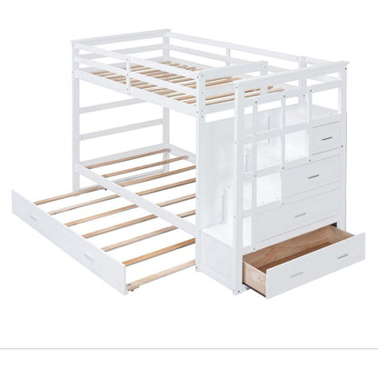 Twin Over Twin Bunk Bed with Trundle and Staircase,White