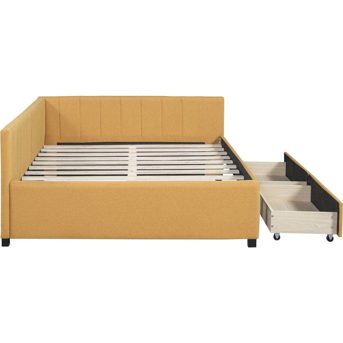 Full Size Upholstered Daybed with 2 Storage Drawers Sofa Bed Frame No Box Spring Needed, Linen Fabric (Yellow)