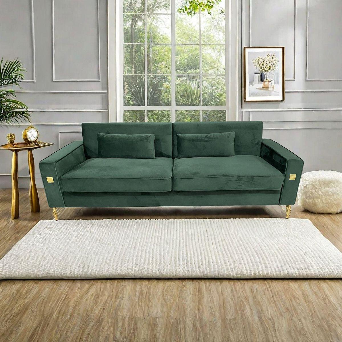 FX-P18-RG2(SOFA) Luxury Emerald Green Velvet Sofa with Gold Accents - Modern 3-Seat Couch with Plush Cushions, Perfect for Living Room and Office Decor