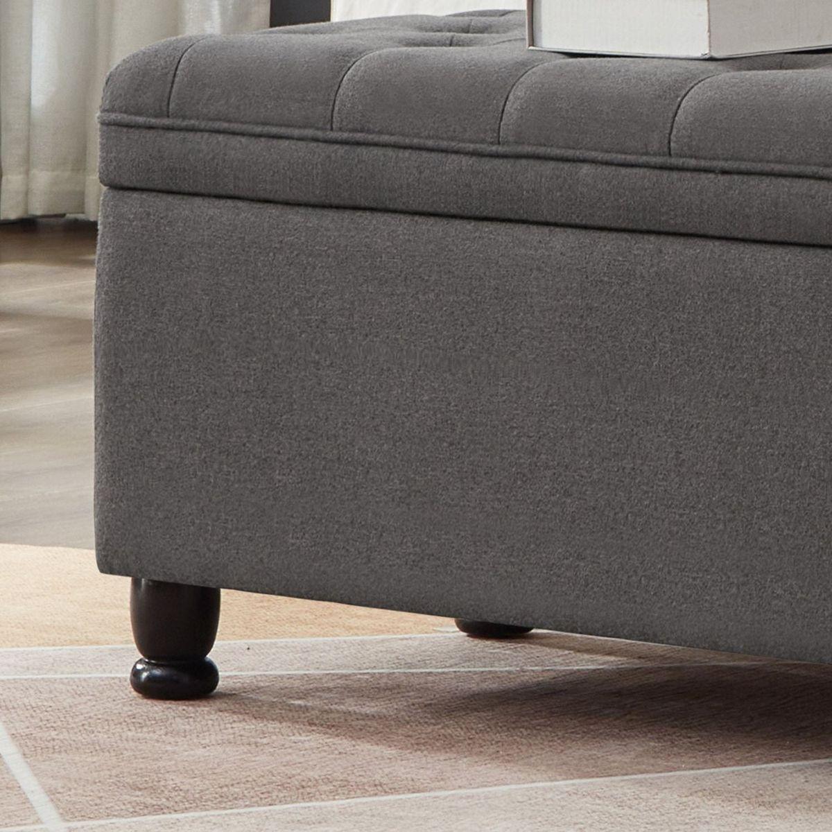 Upholstered tufted button storage bench, Linen fabric entry bench with spindle wooden legs, Bed bench- Dark Gray
