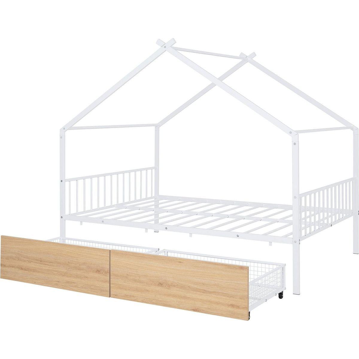 Full Size Metal House Bed with Two Drawers, White