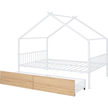 Full Size Metal House Bed with Two Drawers, White