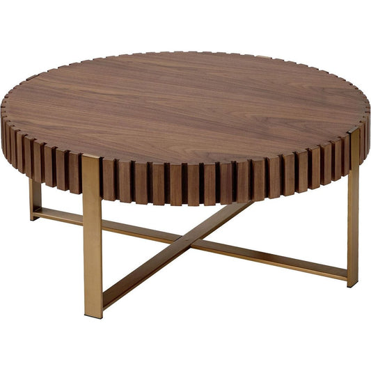 Modern Handcraft Drum Coffee Table 31.5 inch Round Coffee Table for Living Room,Small Coffee Table with Sturdy Pedestal,Walnut