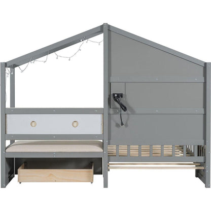 Twin Size House Bed with Upholstered Sofa, House Bed with Charging Station, Wireless Charging, Shelves and Two Drawers, Gray
