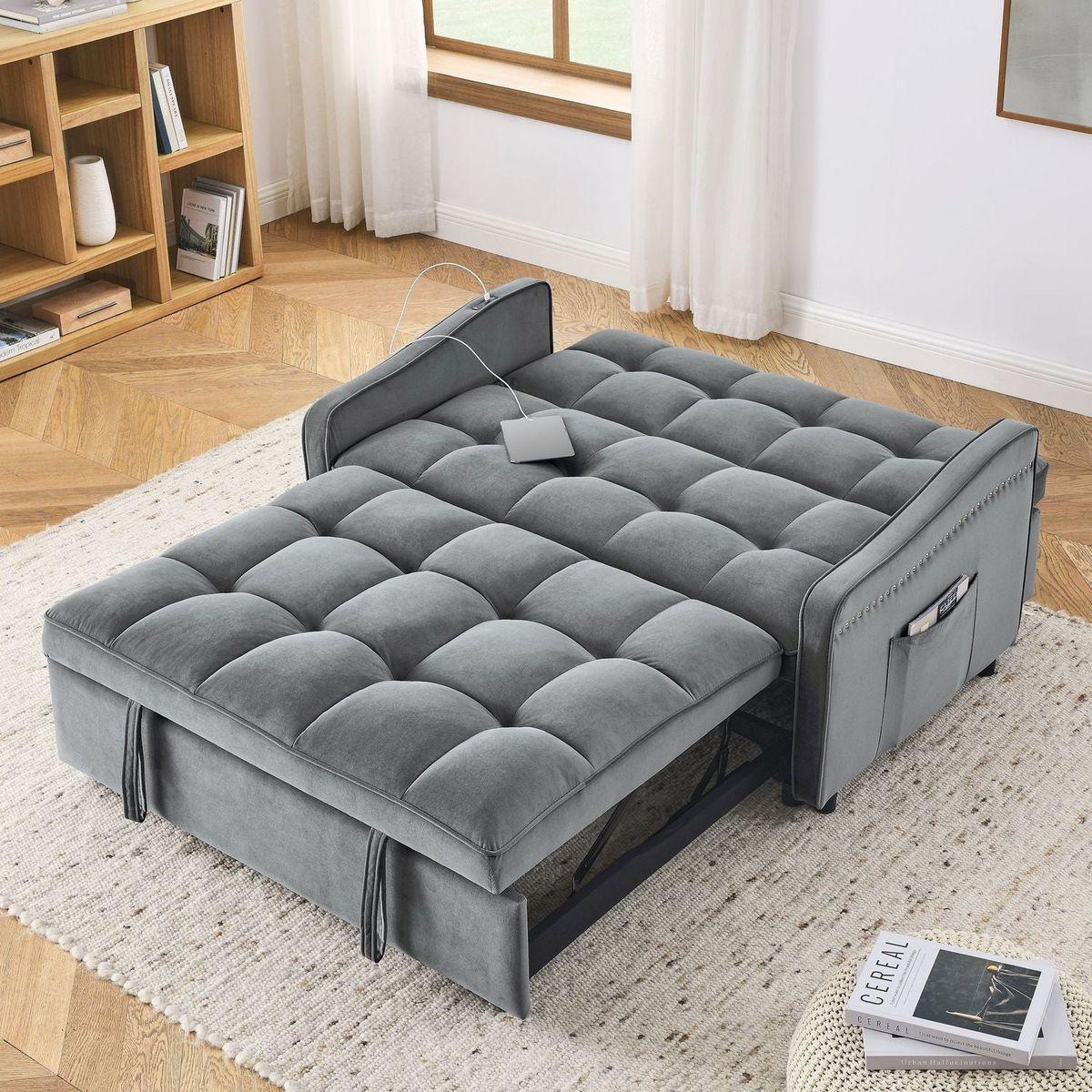 Loveseats Sofa Bed with Pull-out Bed,Adjustable Back and Two Arm Pocket,TypeC and USB Charging with Copper nail,Grey (47"x53"x31")