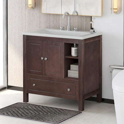 30" Bathroom Vanity with Sink, Bathroom Storage Cabinet with Doors and Drawers, Solid Wood Frame, Ceramic Sink, Brown