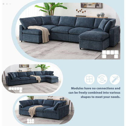 130x65" Modern Modular Cloud Sofa Bed, 6 Seat Chenille Sectional Couch Set with Ottoman,Free Combination,Convertible U Shaped Sleeper Sofa for Living Room, Apartment, 3 Colors