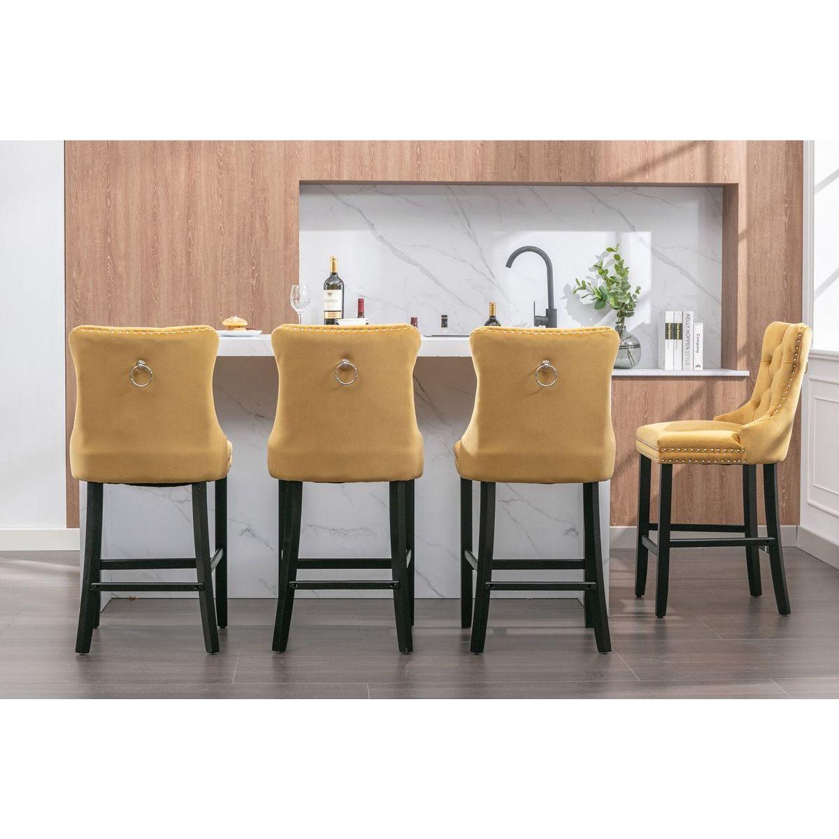 Contemporary Velvet Upholstered Barstools with Button Tufted Decoration and Wooden Legs, and Chrome Nailhead Trim, Leisure Style Bar Chairs,Bar stools, Set of 2 (Golden)
