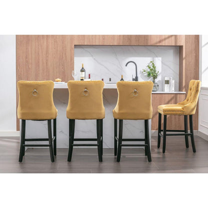 Contemporary Velvet Upholstered Barstools with Button Tufted Decoration and Wooden Legs, and Chrome Nailhead Trim, Leisure Style Bar Chairs,Bar stools, Set of 2 (Golden)