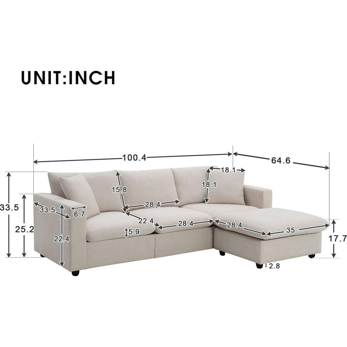 100.4x64.6" Modern Sectional Sofa,L-shaped Couch Set with 2 Free pillows,4-seat Polyester Fabric Couch Set with Convertible Ottoman for Living Room, Apartment, Office,4 Colors