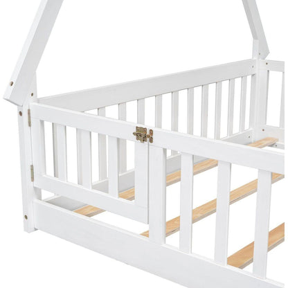 Full Tent-shaped Floor Bed, with Guardrails, Slats, Door, White