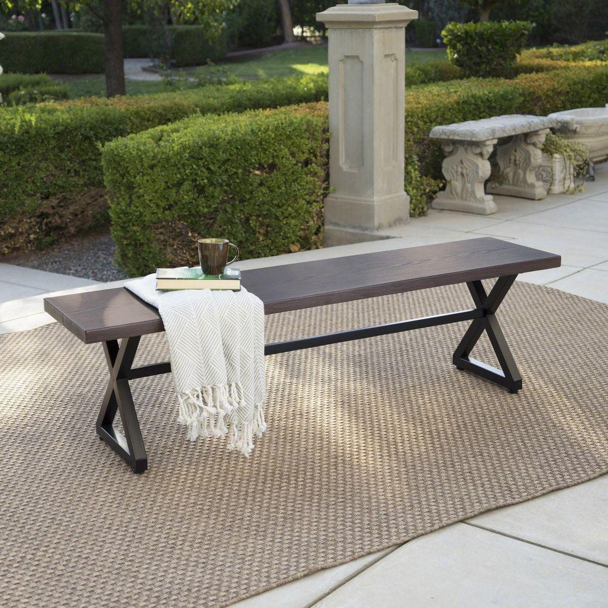 Outdoor Aluminum Dining Bench with Steel Frame, Brown / Black