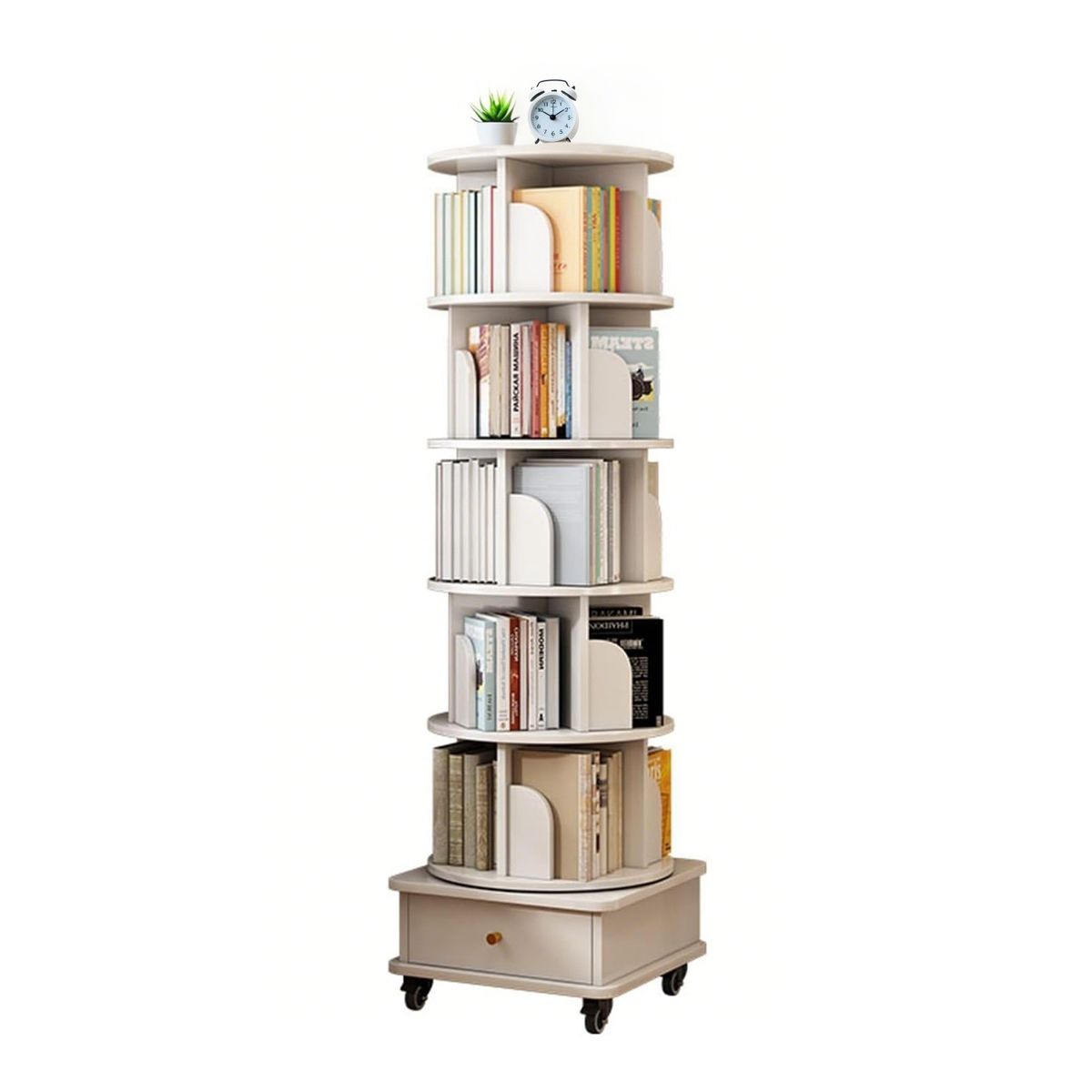 6 Tier Rotating Bookshelf with Wheels and Drawer, 360° Spinning Design, Space Saving Storage, for Home and Office, White MDF