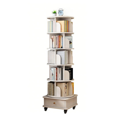 6 Tier Rotating Bookshelf with Wheels and Drawer, 360° Spinning Design, Space Saving Storage, for Home and Office, White MDF
