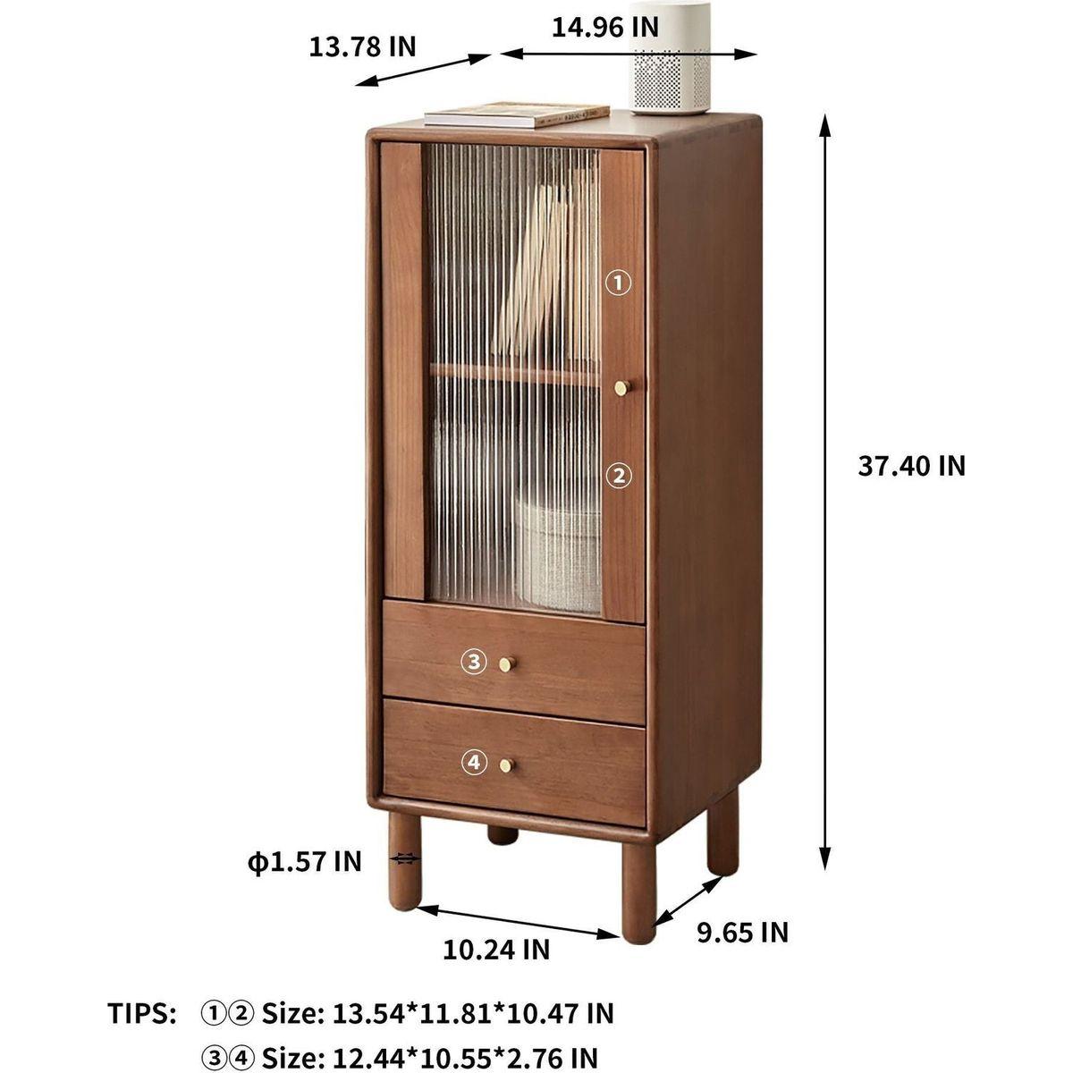 Storage Cabinet for Living Room - Free-Standing Corner Cabinets Storage Table with Vintage Glass Door,2 Shelves,2 Drawers & Brass Handle for Entryway Kitchen Hallway TV Stand, 37.4"H (Walnut)