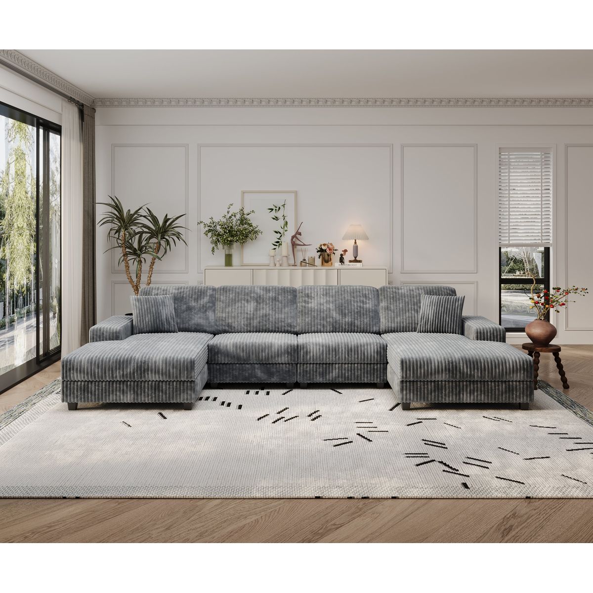 Convertible U-shaped Combination Sofa, Corduroy Fabric, Modern Comfortable Large Size 4 Seat Sofa, Living Room Double Lounge Chair , Dark Grey