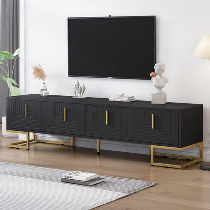 Modern TV Stand with Metal Legs and Gold Handles for TVs Up to 80", Media Console Table with Cabinets and Adjustable Shelves, Luxury TV Cabinet with Geometric Lines for Living Room, Black