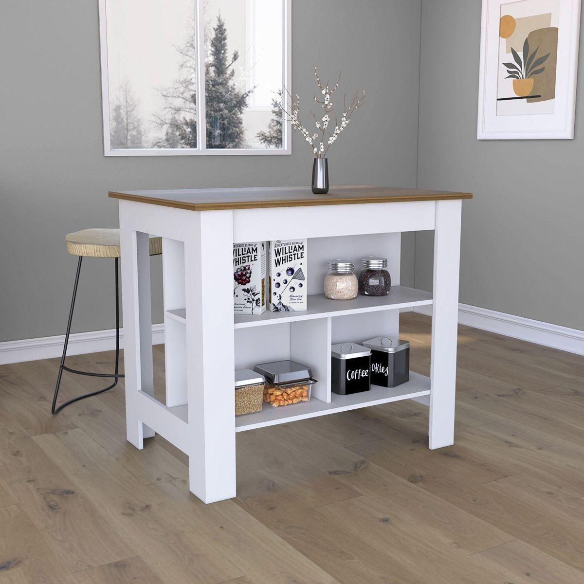 Kitchen Island, kitchen table 35" H, Four Legs, Three Open Storage Shelves, White / Walnut
