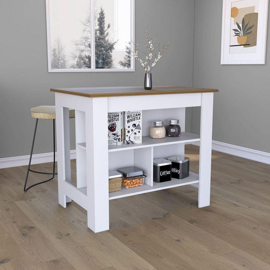 Kitchen Island, kitchen table 35" H, Four Legs, Three Open Storage Shelves, White / Walnut