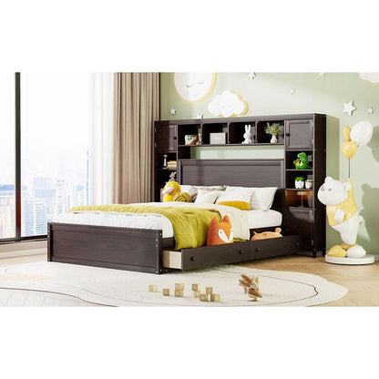 Queen Size Wooden Bed With All-in-One Cabinet, Shelf and Sockets, Espresso
