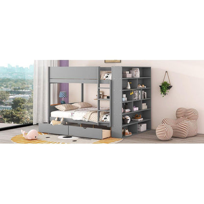 Full over Full Bunk Bed With 2 Drawers and Multi-layer Cabinet, Gray