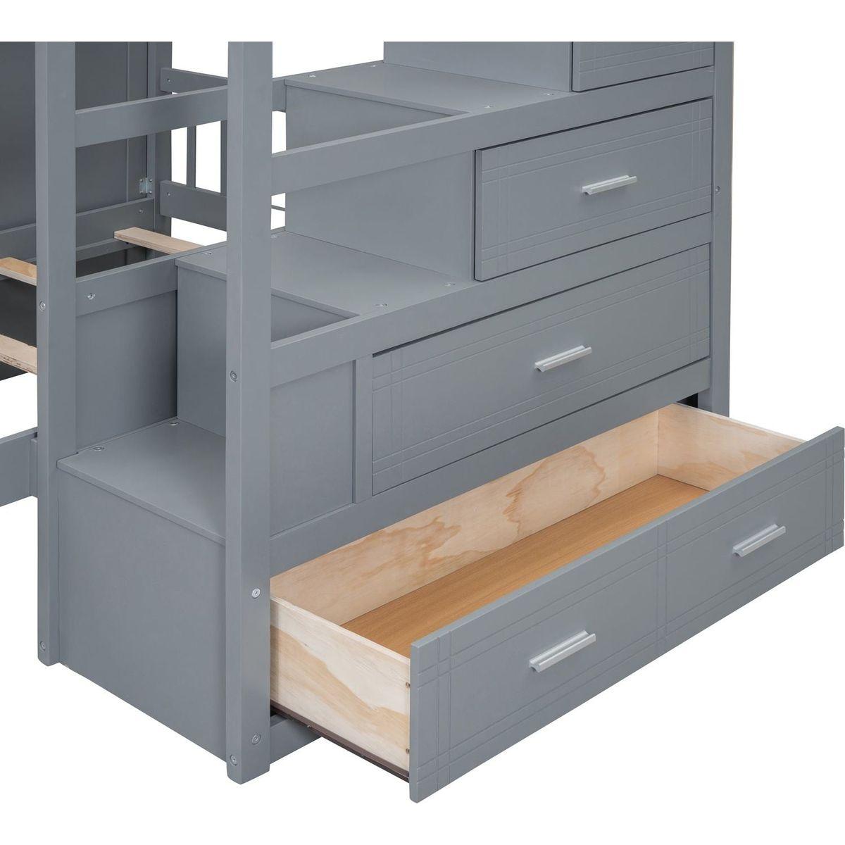 Full Over Twin Bunk Bed with Wardrobe, Drawers, Gray