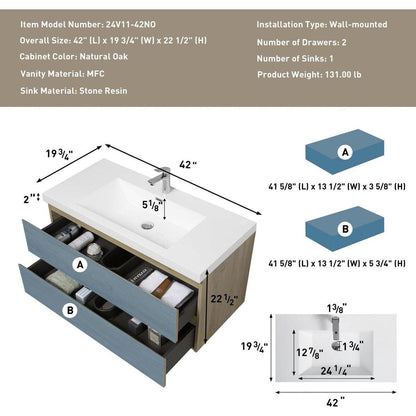 42" Floating Bathroom Vanity with Sink, Modern Wall-Mounted Bathroom Storage Vanity Cabinet with Resin Top Basin and Soft Close Drawers, Natural Oak