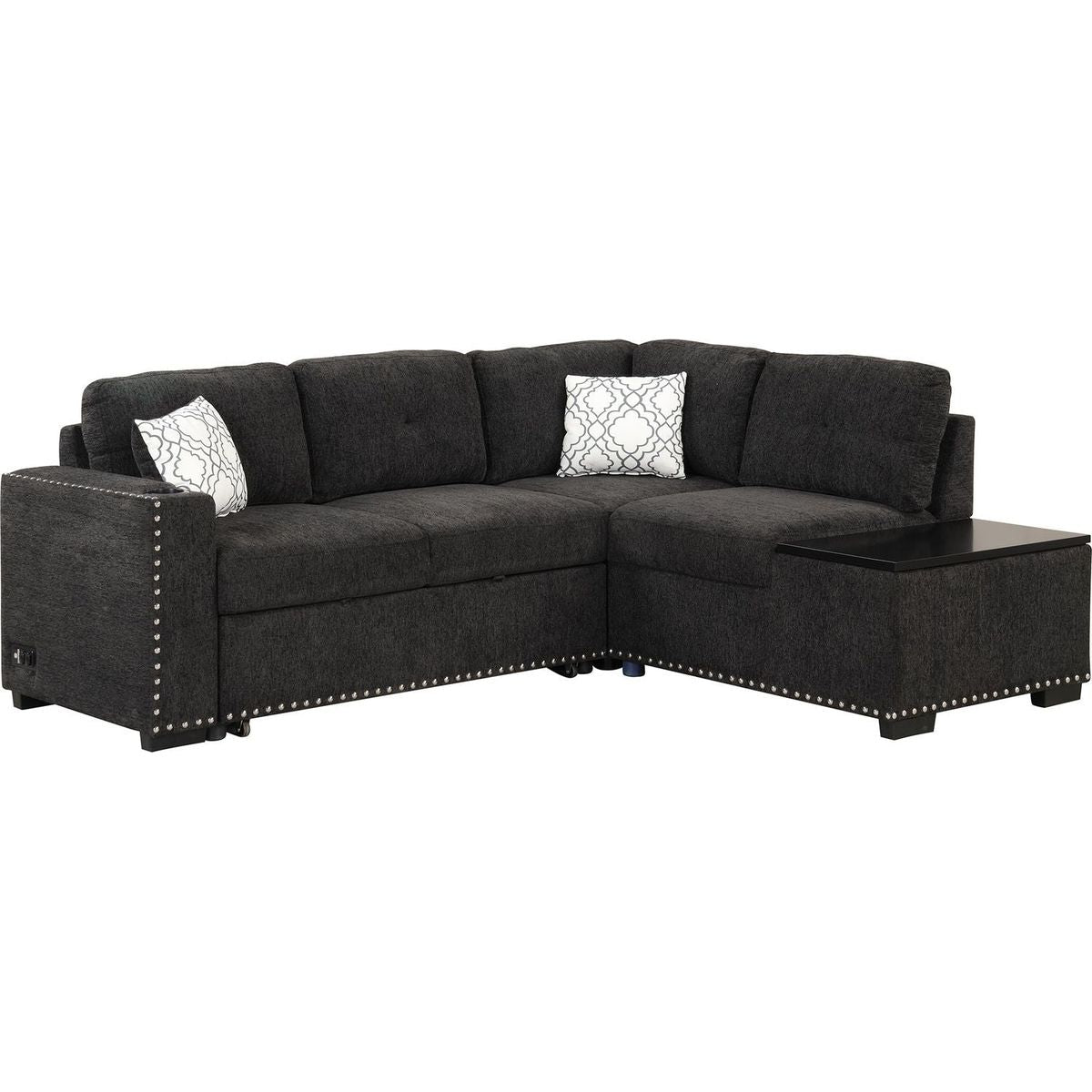 83.8" Reversible Sectional Pull-Out Sofa Bed L-Shaped Corner Sofa Couch with Storage Chaise, USB Ports, Power Sockets, Cup Holder for Living Room, Bedroom, Study, Black