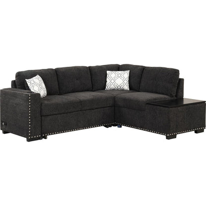 83.8" Reversible Sectional Pull-Out Sofa Bed L-Shaped Corner Sofa Couch with Storage Chaise, USB Ports, Power Sockets, Cup Holder for Living Room, Bedroom, Study, Black