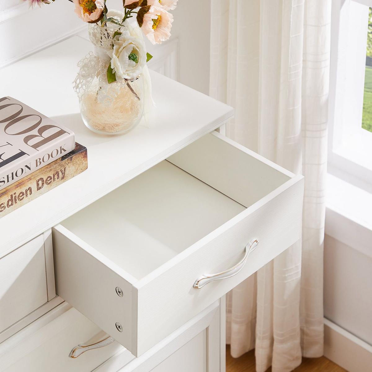Bedroom dresser, 9 drawer long dresser with antique handles, wood chest of drawers for kids room, living room, entry and hallway, White, 47.56"W x 15.75"D x 34.45"H.
