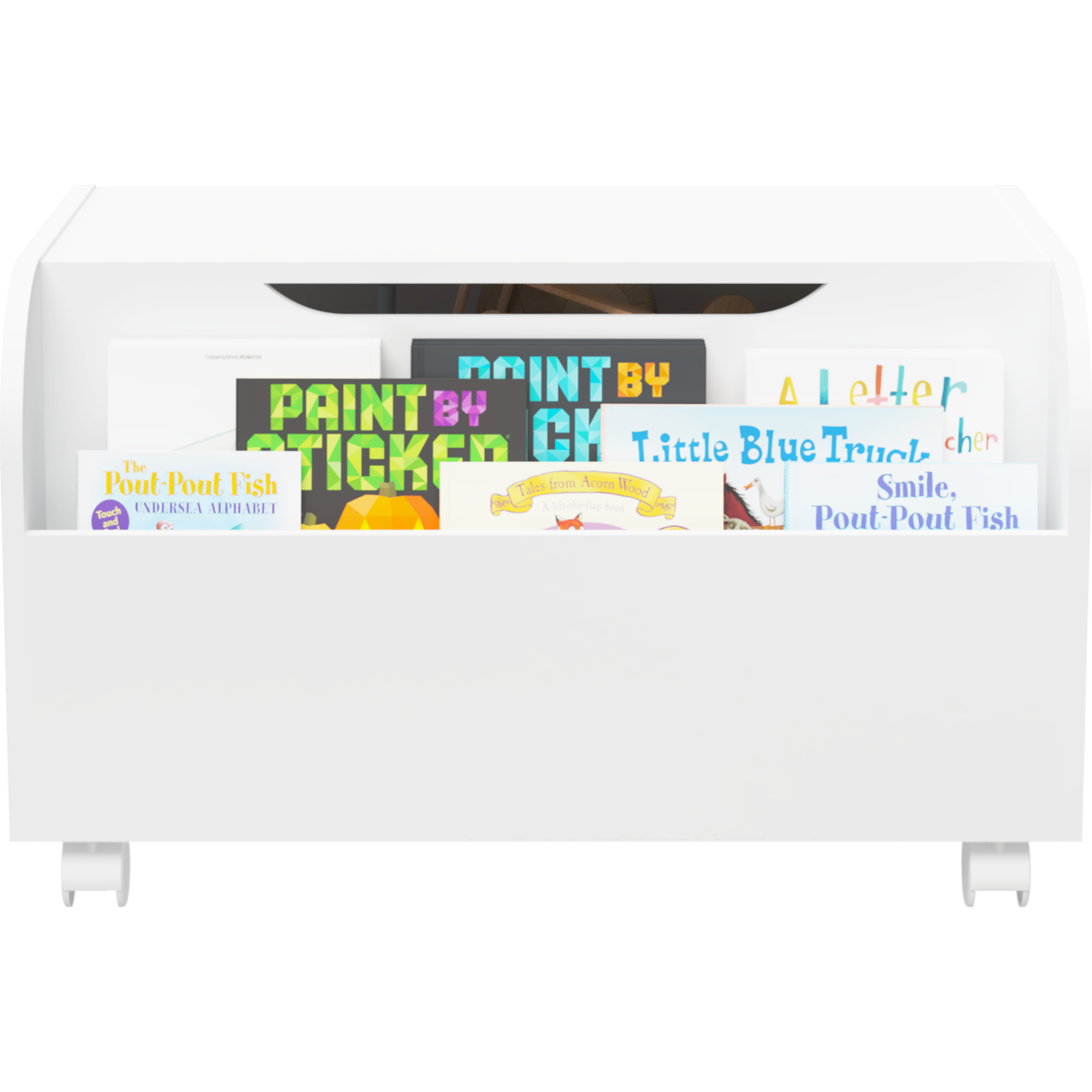 Wooden Toy Box with 4 Universal Wheels, Kids Toy Storage Organizer with Front Bookshelf, Flip-Top Lid, Safety Hinge, Boys Girls Toy Chest Bench for Playroom Kids Room Organization (White)