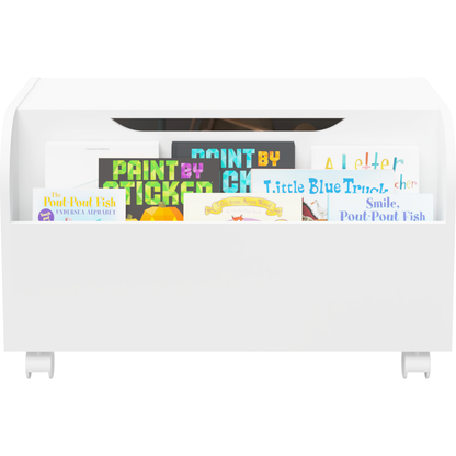 Wooden Toy Box with 4 Universal Wheels, Kids Toy Storage Organizer with Front Bookshelf, Flip-Top Lid, Safety Hinge, Boys Girls Toy Chest Bench for Playroom Kids Room Organization (White)