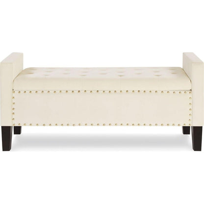 Upholstered Tufted Button Storage Bench with nails trim,Entryway Living Room Soft Padded Seat with Armrest,Bed Bench - Cream