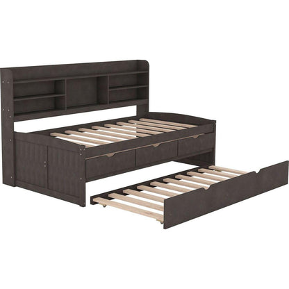 Twin Size Wooden Captain Bed with Built-in Bookshelves,Three Storage Drawers and Trundle,Antique Gray