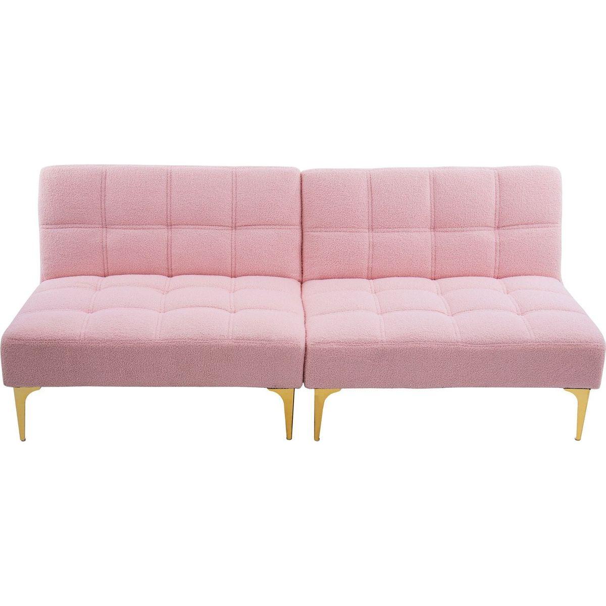 71" Convertible sofa bed futon with gold metal legs teddy fabric (Pink)