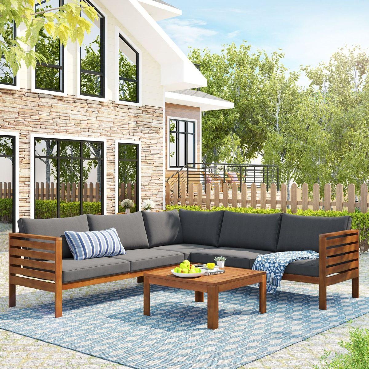 Wood Structure Outdoor Sofa Set with gray Cushions Exotic design Water-resistant and UV Protected texture High quality acacia wood Strong Metal Accessories