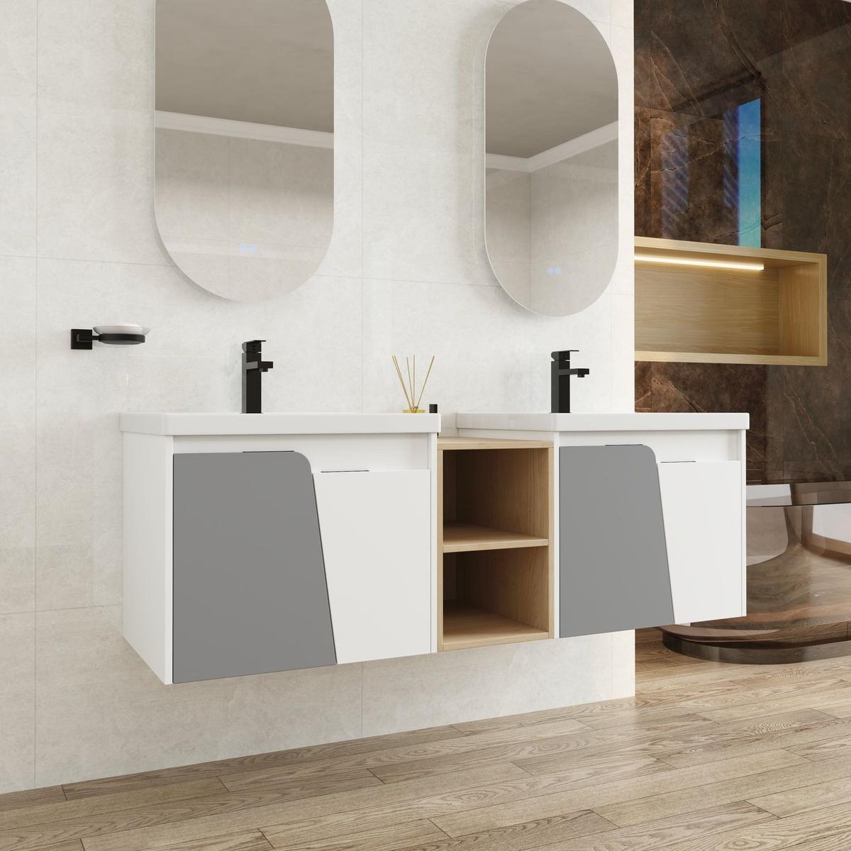 60 Inch Wall-Mounted Bathroom Vanity With Sink,, and A Small Storage Shelves (KD-Packing)