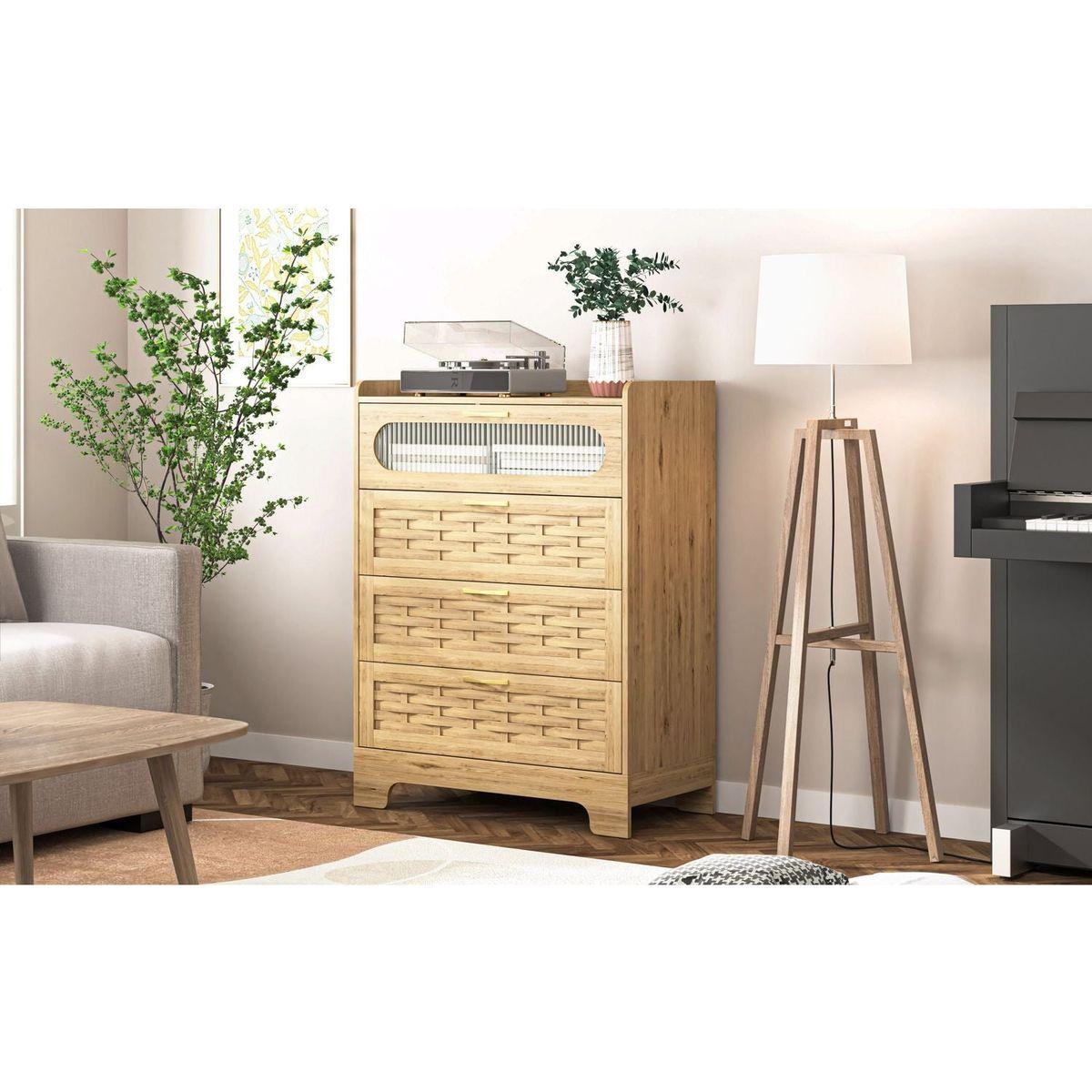 Wood 4 Drawer Dresser for Bedroom, Large Double Dresser with Wide Drawers, Modern Chest of Drawers,Storage Organizer Dresser,Nursery Dresser,for Living Room, Hallway, Bedroom, Kids Bedroom