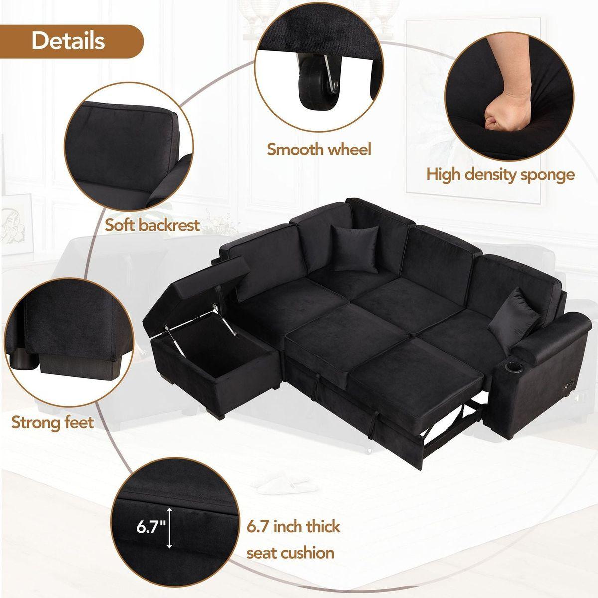 87.4" Sleeper Sofa Bed,2 in 1 Pull Out sofa bed L Shape Couch with Storage Ottoman for Living Room,Bedroom Couch and Small Apartment, Black