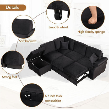 87.4" Sleeper Sofa Bed,2 in 1 Pull Out sofa bed L Shape Couch with Storage Ottoman for Living Room,Bedroom Couch and Small Apartment, Black