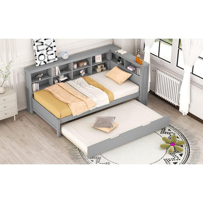 Wooden Twin Size DayBed with Twin Size Trundle, DayBed with Storage Shelf and USB Charging Ports,Grey