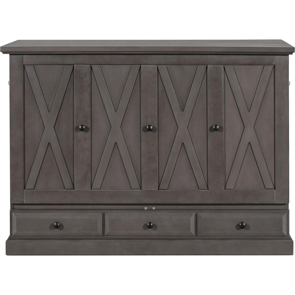 Solid Pine Murphy Bed Chest Cube Cabinet Bed with Charging Station and Large Storage Drawer for Home Office or Small Room,Full,Gray