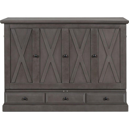 Solid Pine Murphy Bed Chest Cube Cabinet Bed with Charging Station and Large Storage Drawer for Home Office or Small Room,Full,Gray