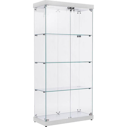 4-Tier Glass Display Cabinet, Double Door Glass Cabinet, Four Partitions, Two Locks, Floor Standing Storage Cabinet for Living Room, Bedroom, Showroom and Office, White, 31.5"L x 14.2"W x 66.3"H